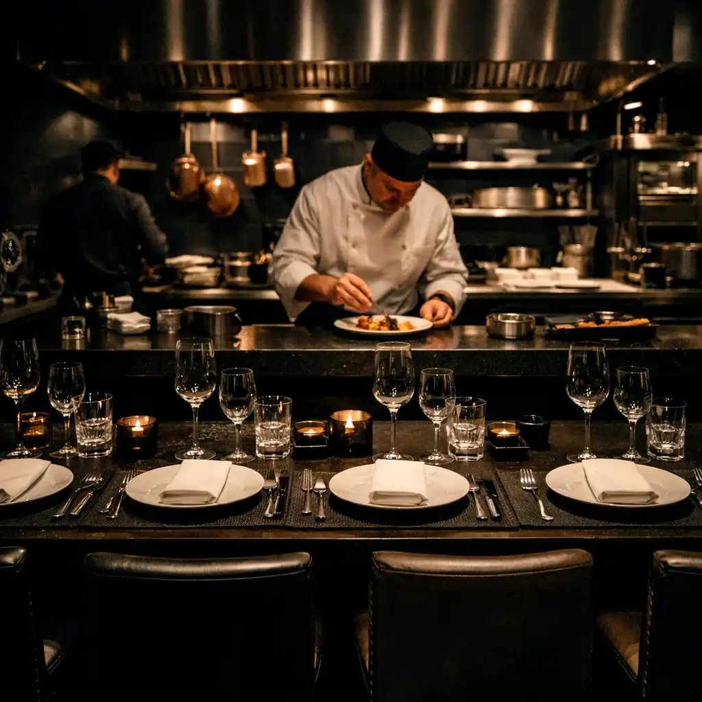 Architect's Table chef's counter set for eight with focused task lighting over the kitchen