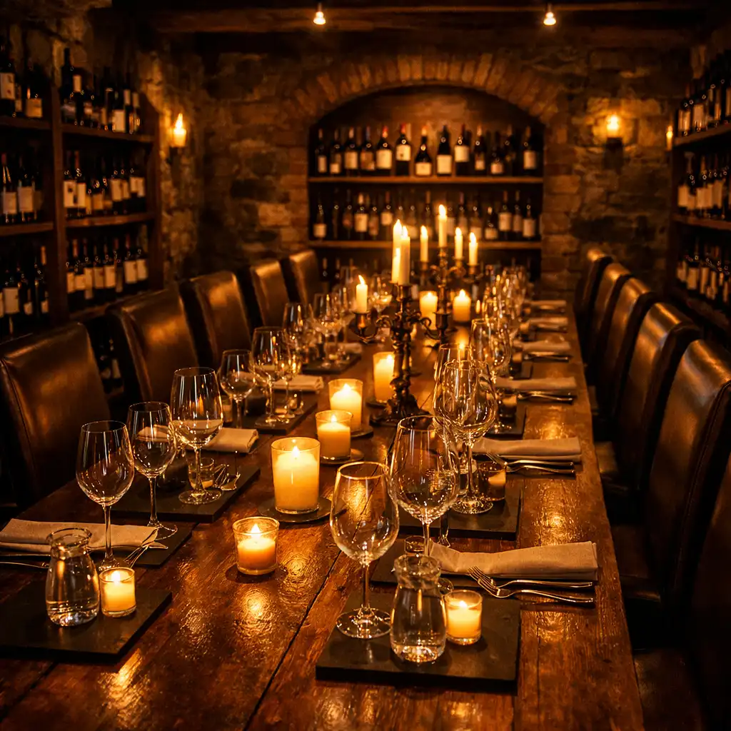 Private cellar dining room with long wooden table, candles, and wine glasses