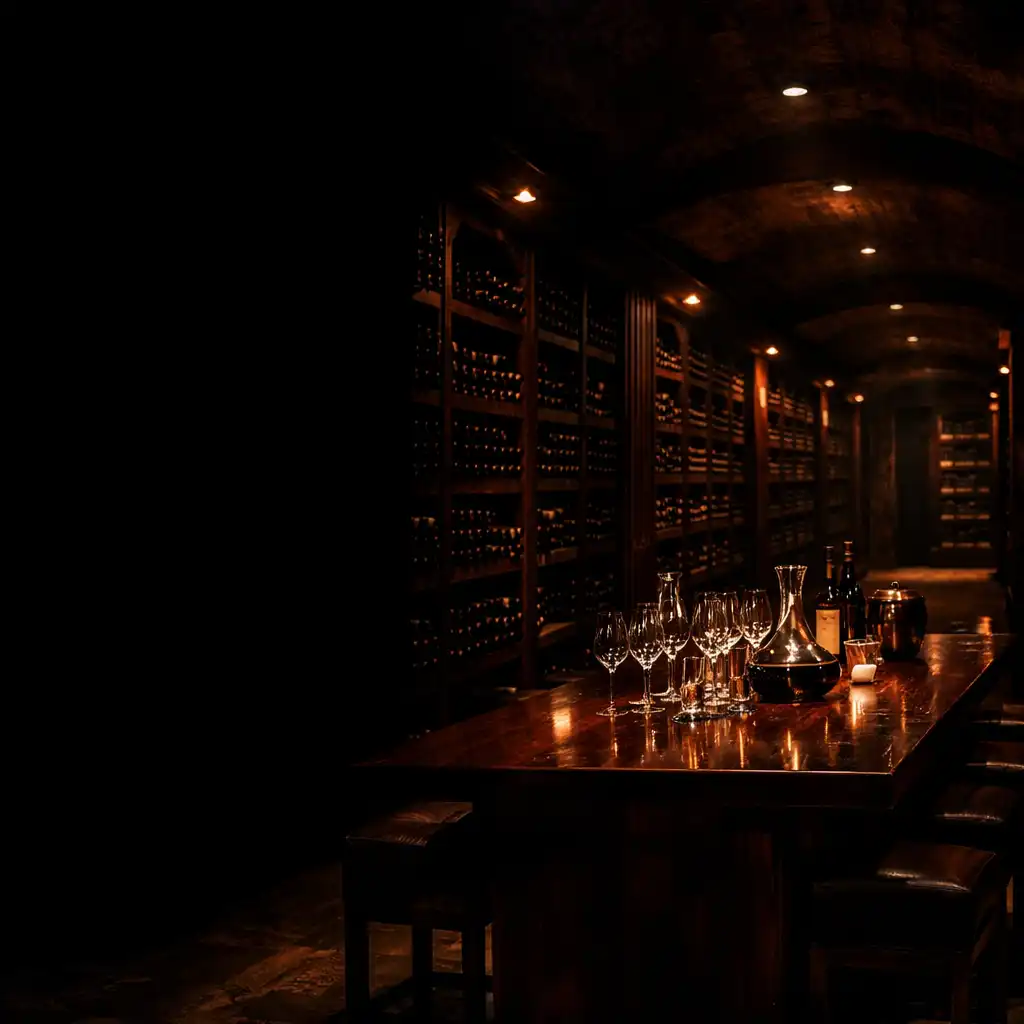 Wide-angle view of the Hearthan Ddish underground wine cellar with dark wooden racks and warm amber lighting