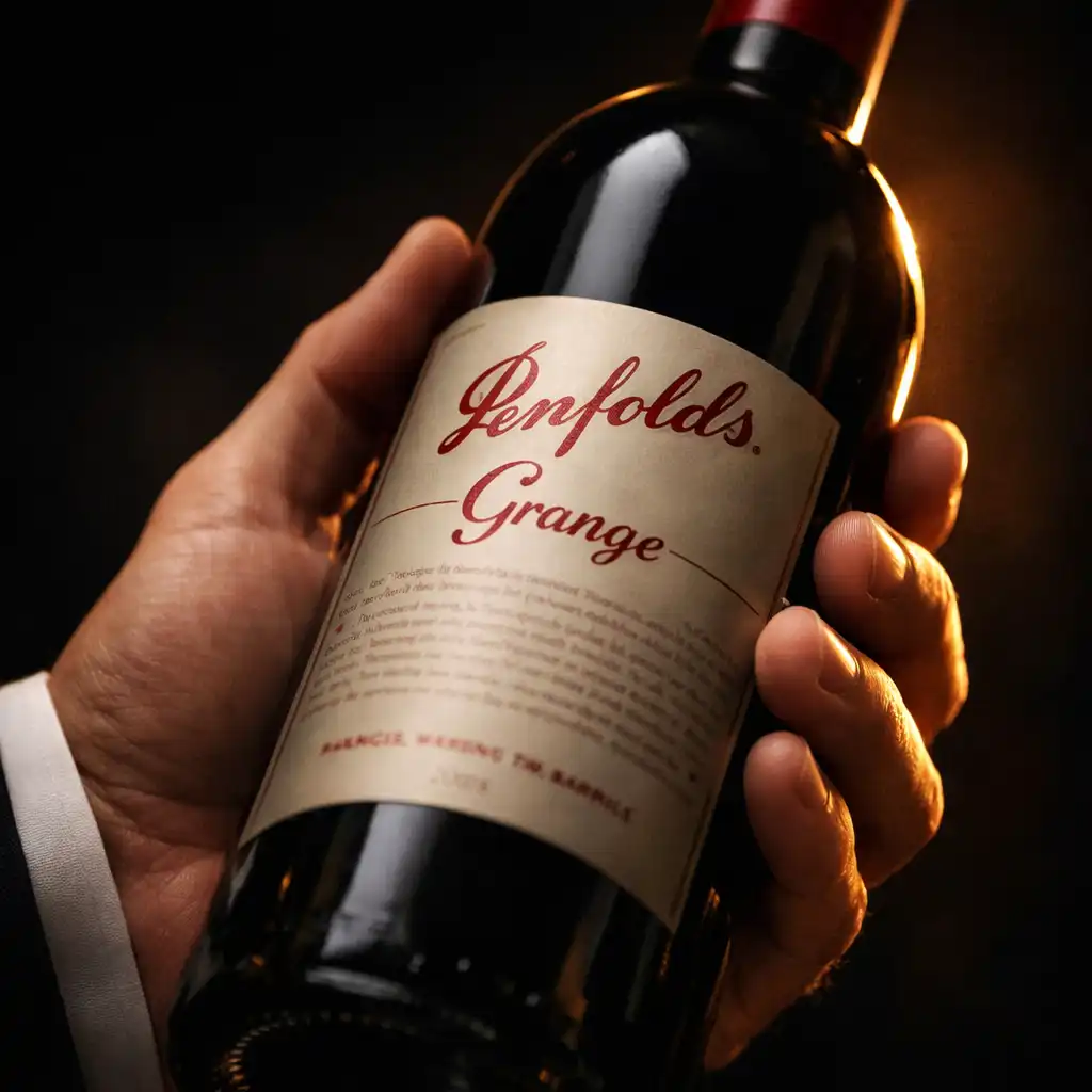 Sommelier holding a bottle of Penfolds Grange in the cellar