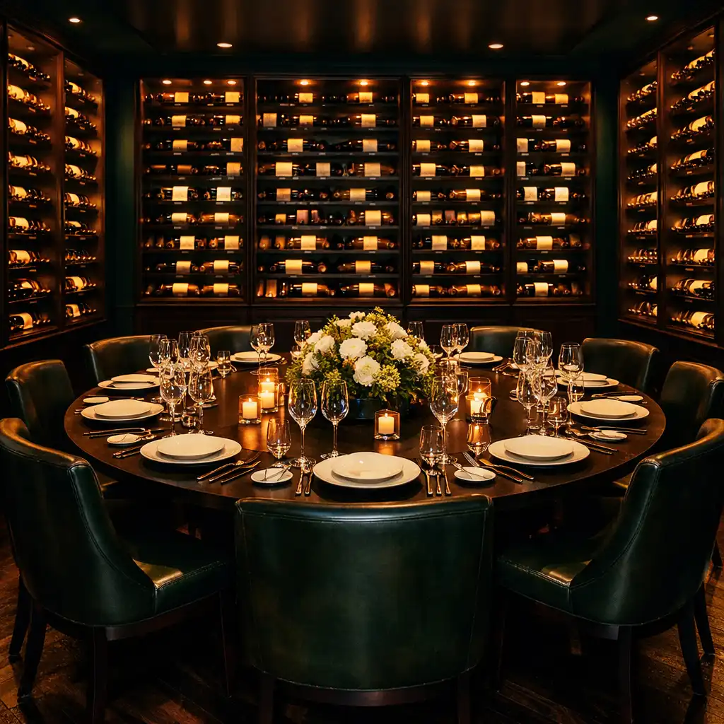 The Cellar Room with floor-to-ceiling wine racks and a round table set for twelve