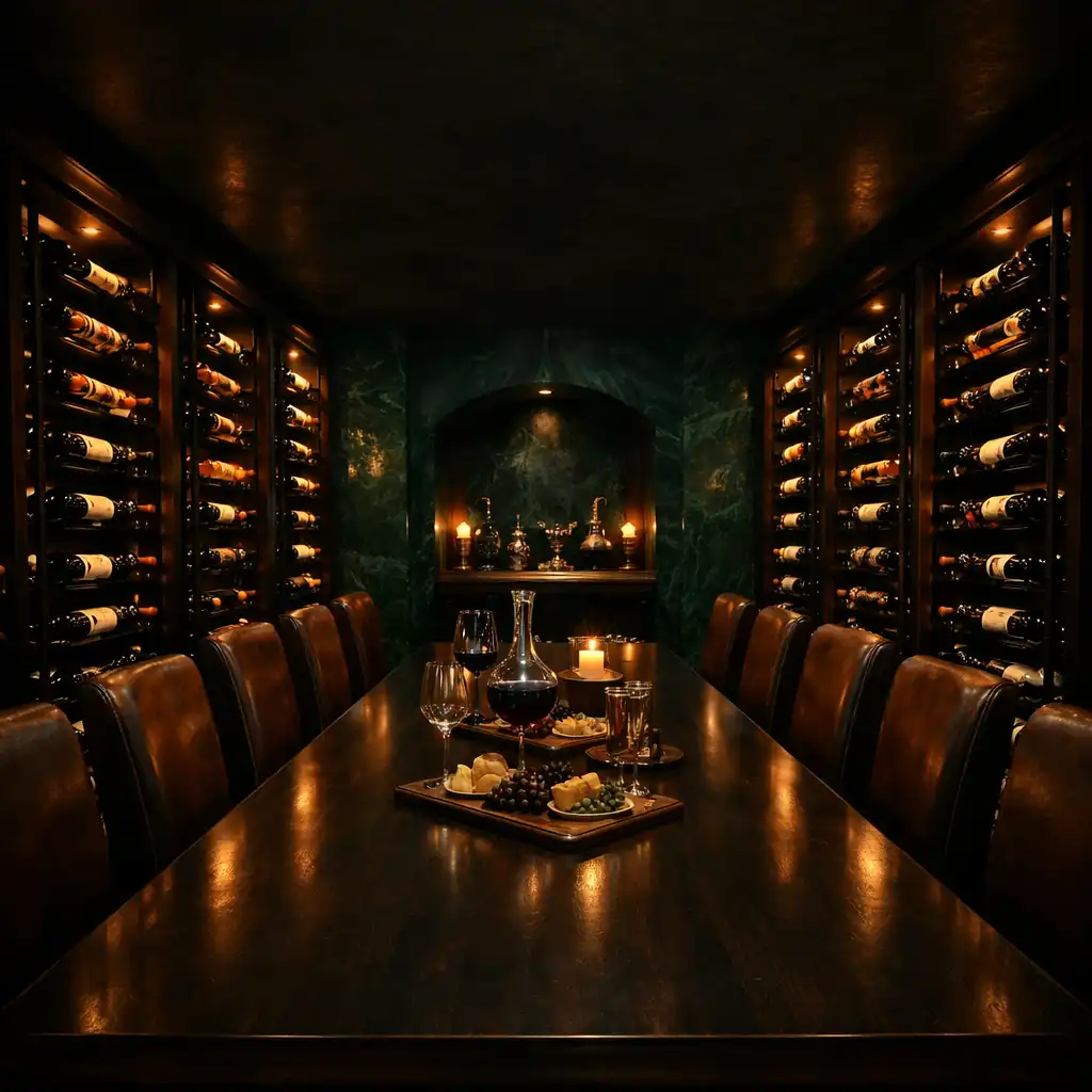 The subterranean cellar room with floor-to-ceiling wine racks, midnight-malachite walls, and a long tasting table.