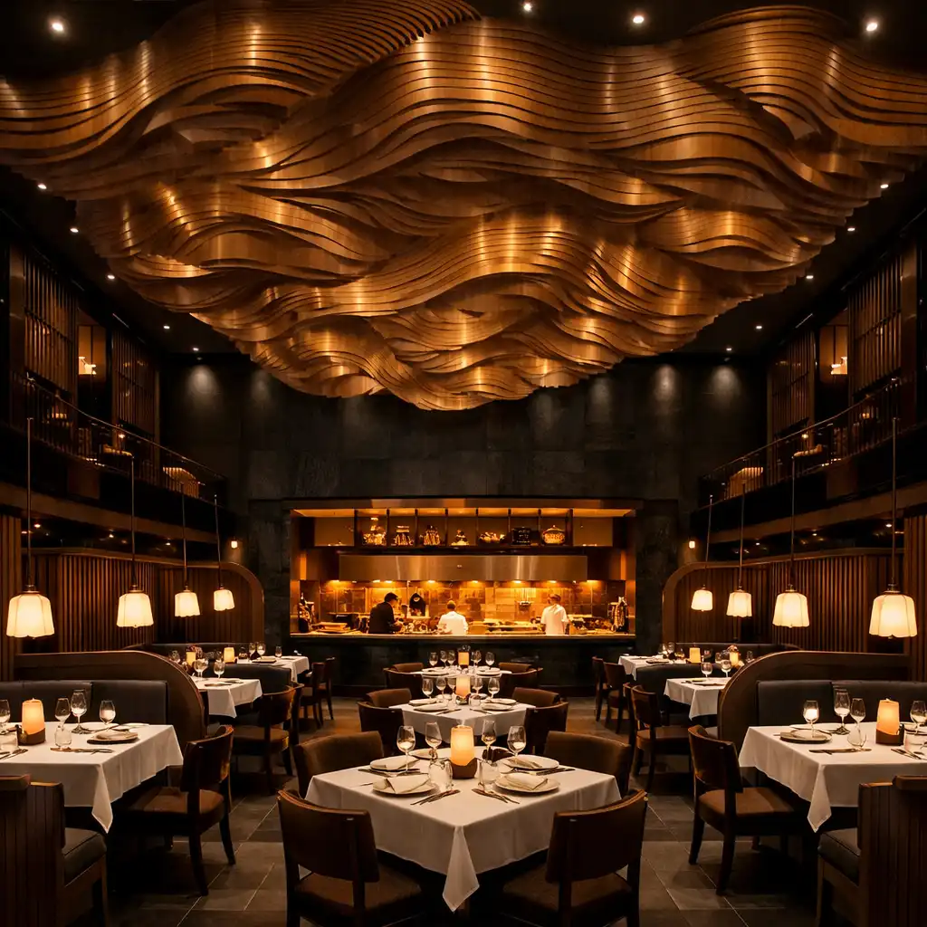 The main dining atrium with a double-height ceiling, sculptural timber cloud, private booths, and a central open kitchen.
