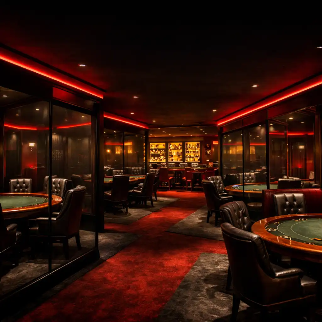 The penthouse poker mezzanine with crimson accents, eight private suites, and a dedicated bar with backlit amber glass.