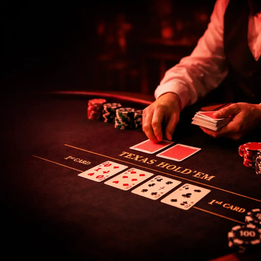 Close-up of a private gaming table with Texas Hold'em layout and croupier dealing cards