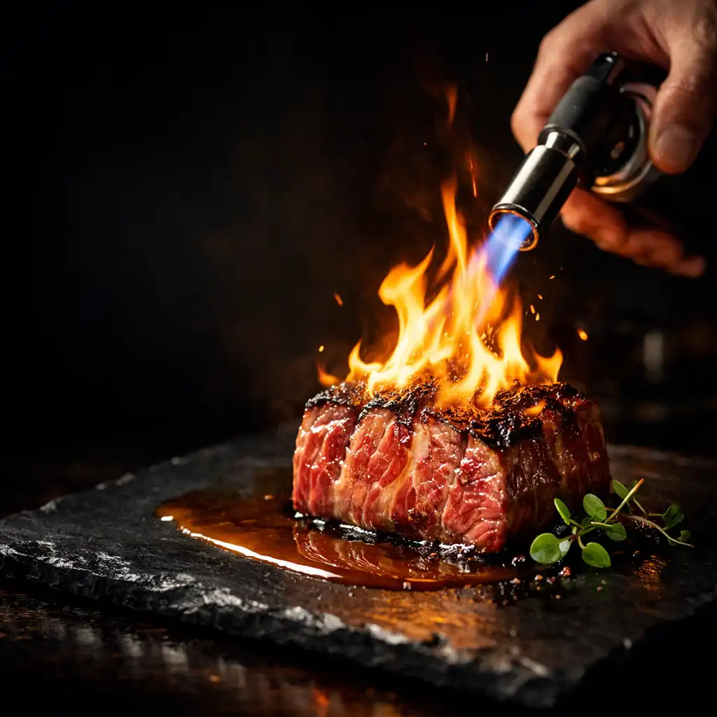 Chef torching a marbled Australian Wagyu dish tableside in a dark fine-dining restaurant