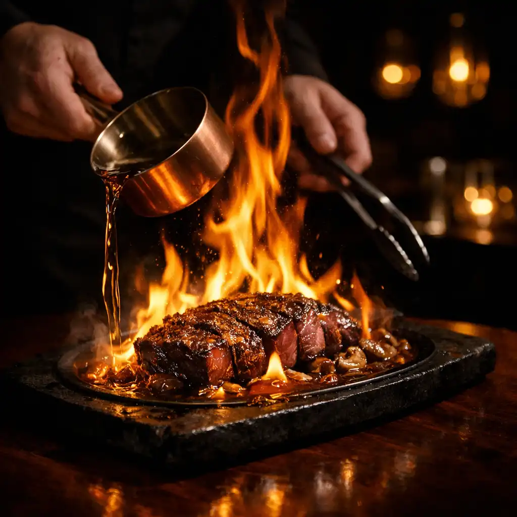 A flambé wagyu dish finished tableside in the dark dining atrium, with amber flames rising from a cognac sauce.