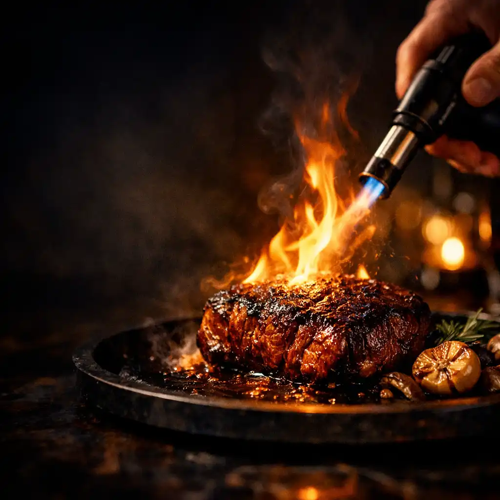 Flambé Australian Wagyu being finished tableside in a dark, luxurious restaurant interior