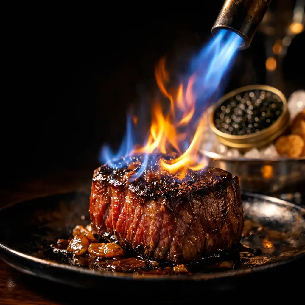 Signature flambé Australian Wagyu dish being torched tableside