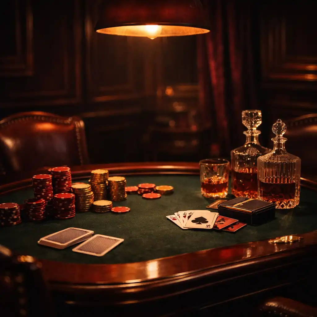 Mahogany poker table with ceramic chips, crystal decanters, and a deck of cards in a private salon