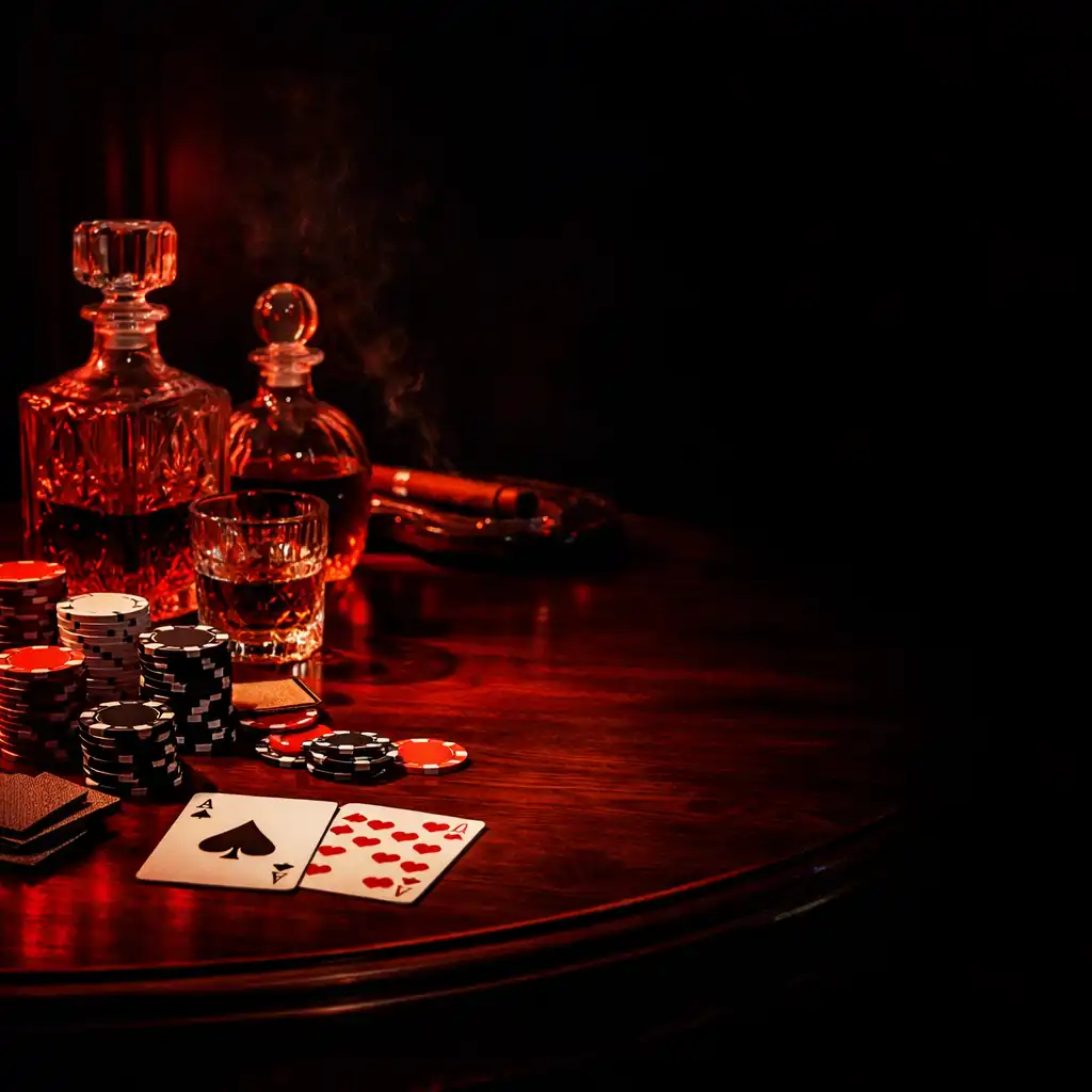 Low-lit private poker table with ceramic chips and crystal decanters