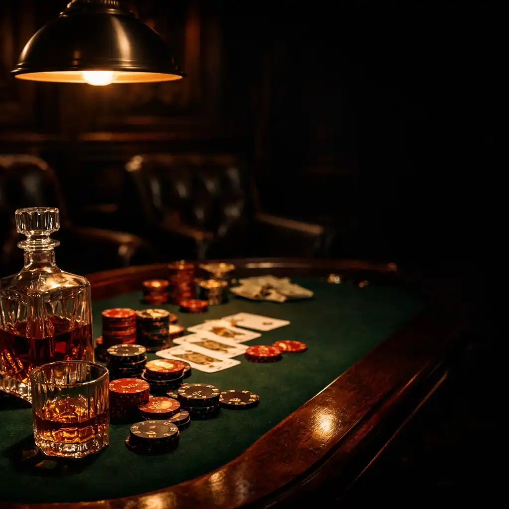 Low-lit private high-stakes poker table with amber whiskey decanter and ceramic chips