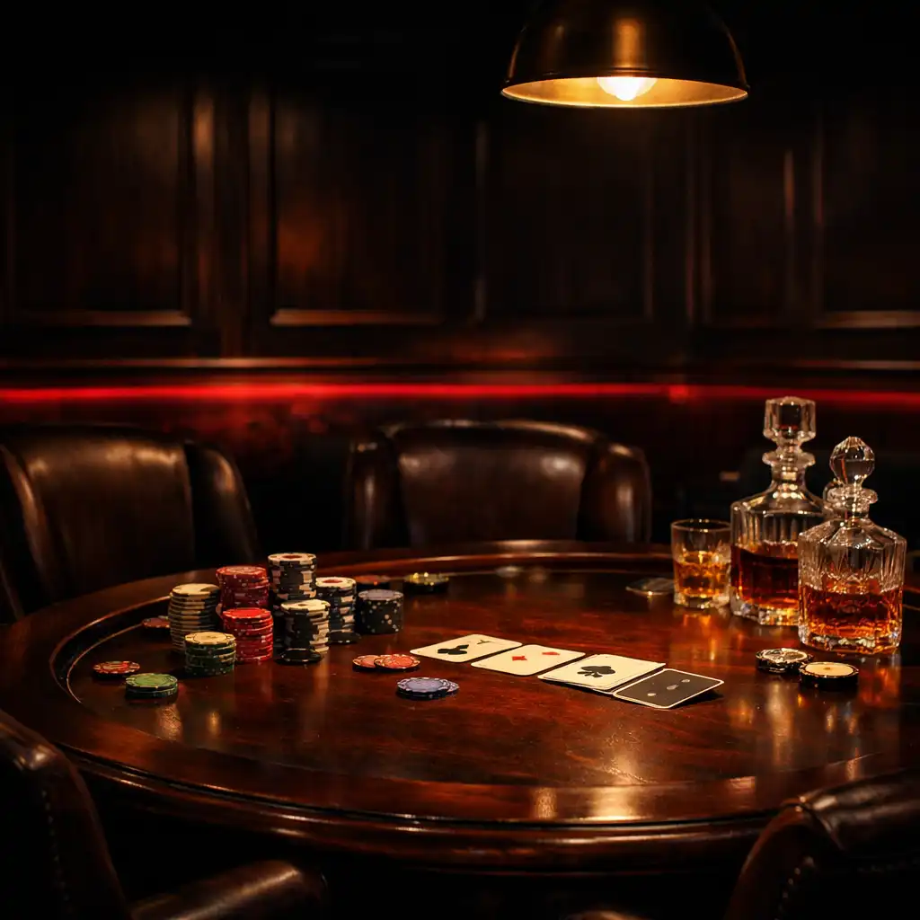 A mahogany poker table in a private salon, with ceramic chips, crystal decanters, and a subtle crimson glow.
