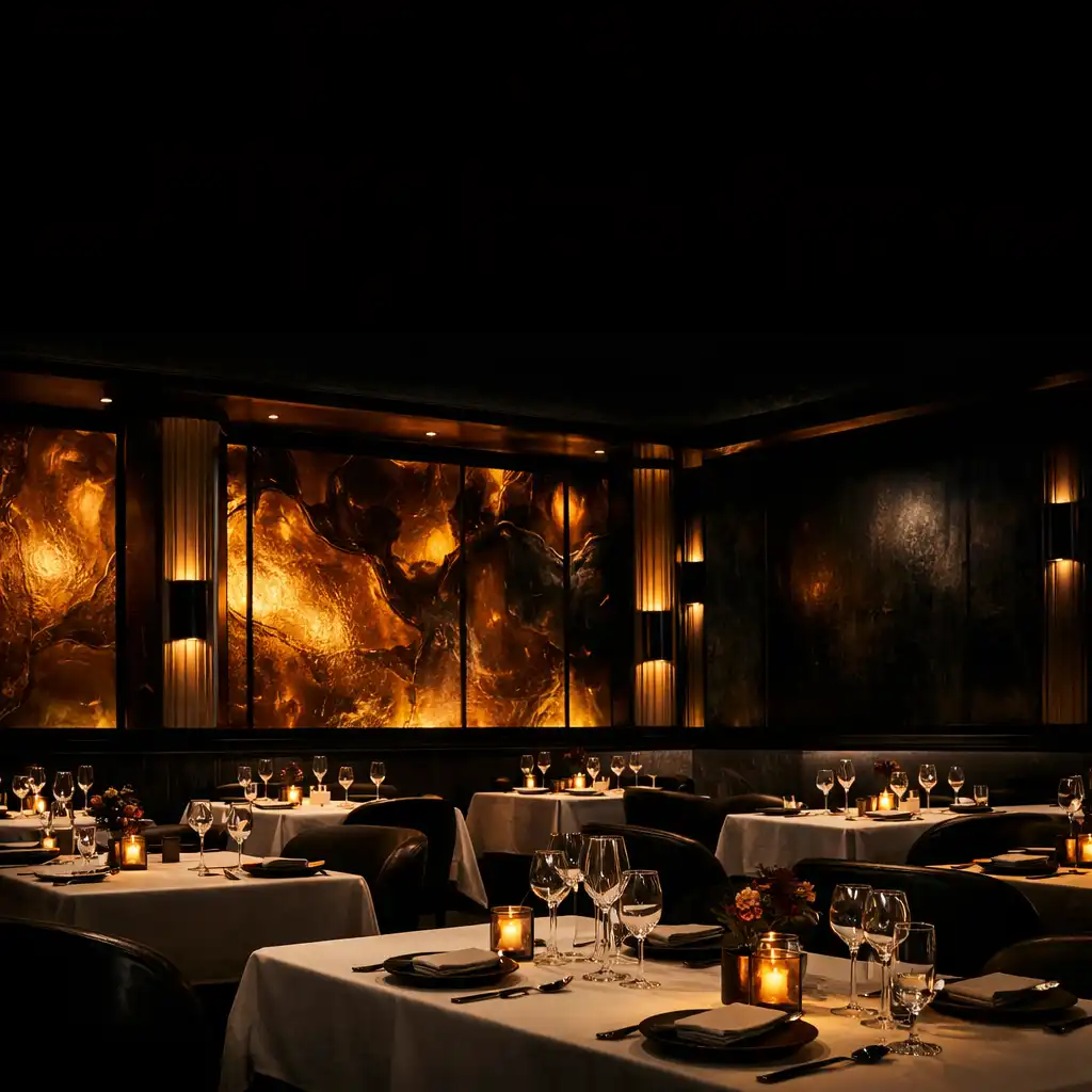 Wide-angle view of the Hearthan Ddish dining room with architectural panels and amber lighting