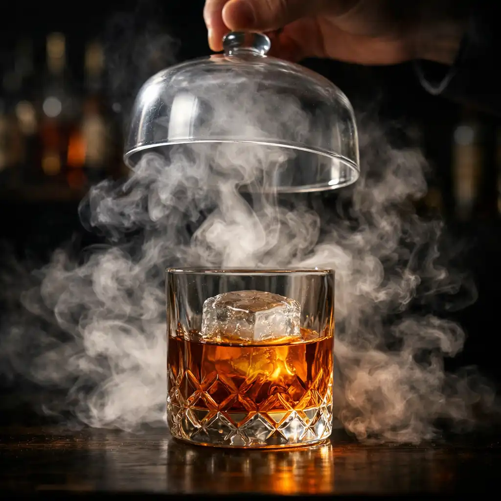 Smoked bourbon cocktail under a glass cloche with swirling smoke and a large ice cube
