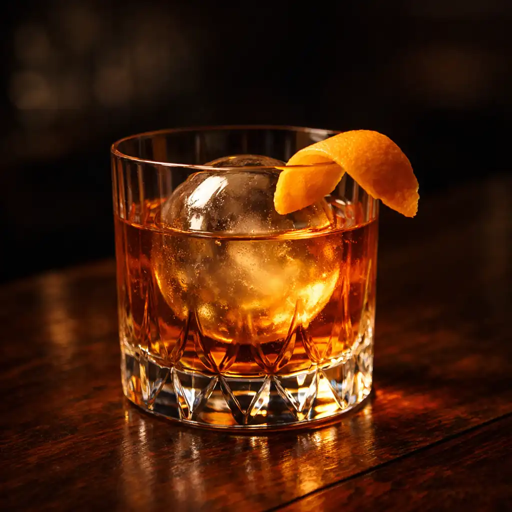 Signature amber Old Fashioned cocktail with a clear ice sphere and orange peel on a dark wooden bar