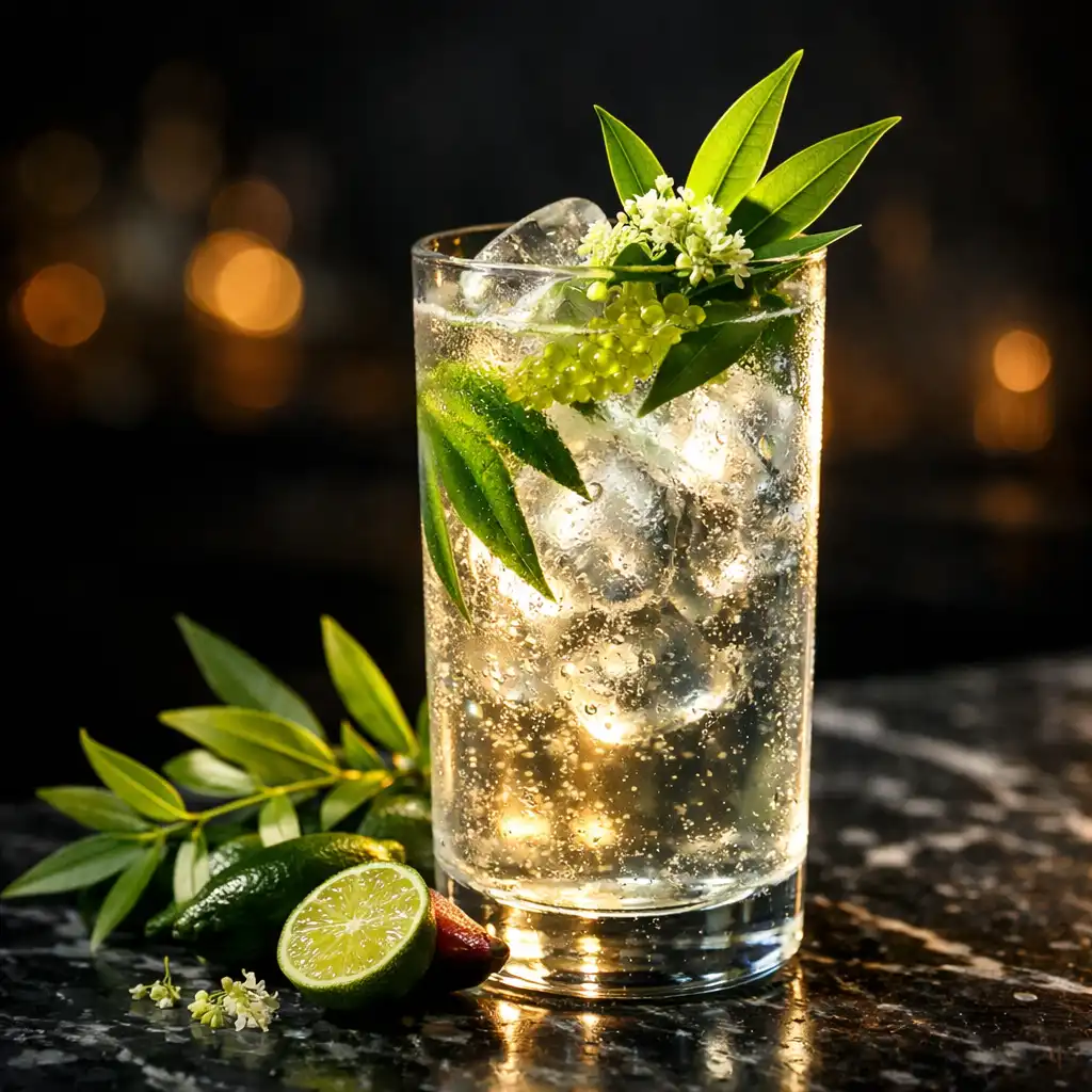 Botanical Australian gin and tonic with lemon myrtle and finger lime on a dark marble bar