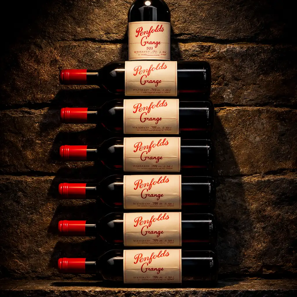 Vertical arrangement of Penfolds Grange bottles from different vintages on a dark stone shelf
