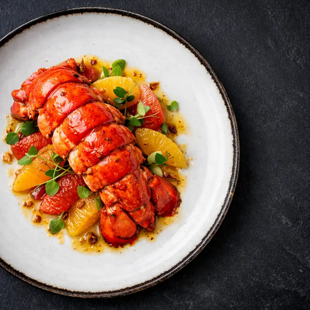 Butter-poached Tasmanian Rock Lobster tail with citrus segments and brown butter on a dark plate