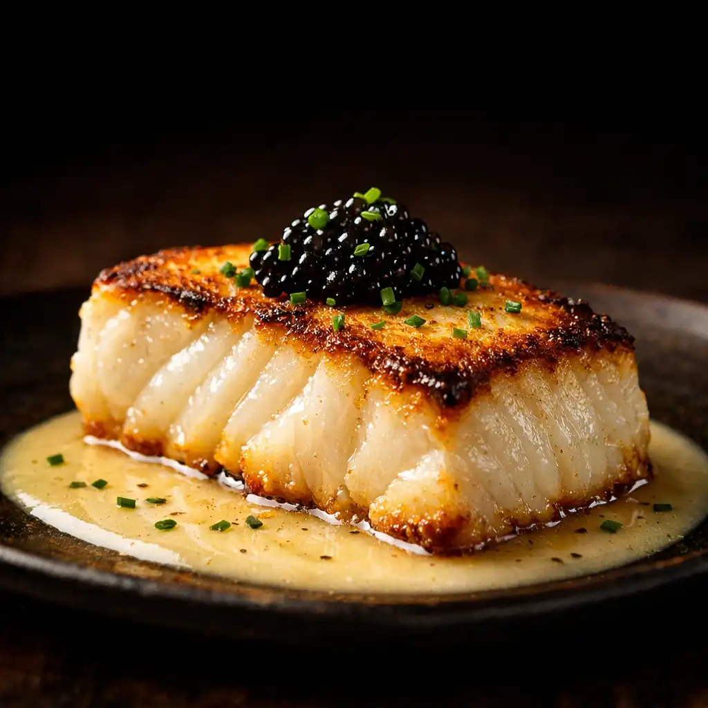 Pan-seared Glacier 51 Toothfish fillet with champagne beurre blanc, caviar, and chives