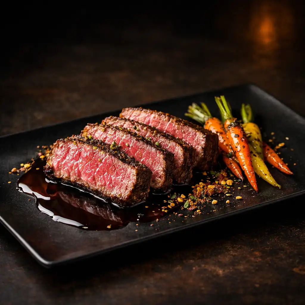 Sliced Australian Wagyu beef with dark jus, roasted carrots, and native spices on a black plate