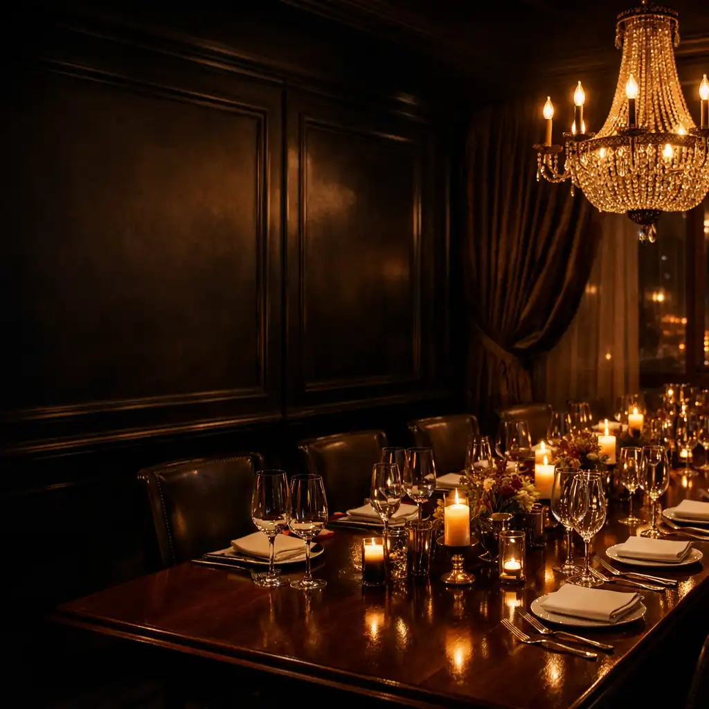 Opulent private dining room with mahogany table, crystal glassware, and warm amber chandelier lighting