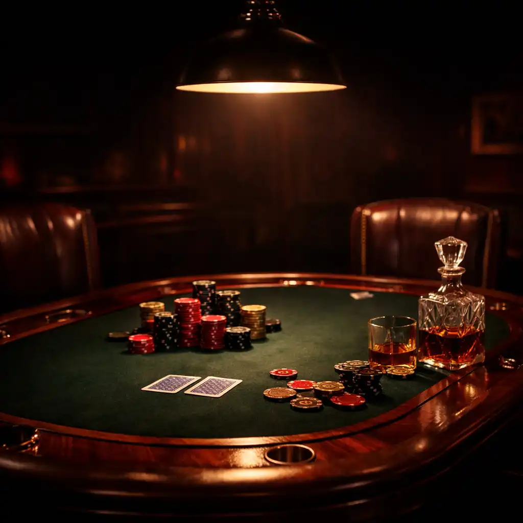 Private poker table with chips, cards, and amber whiskey decanter