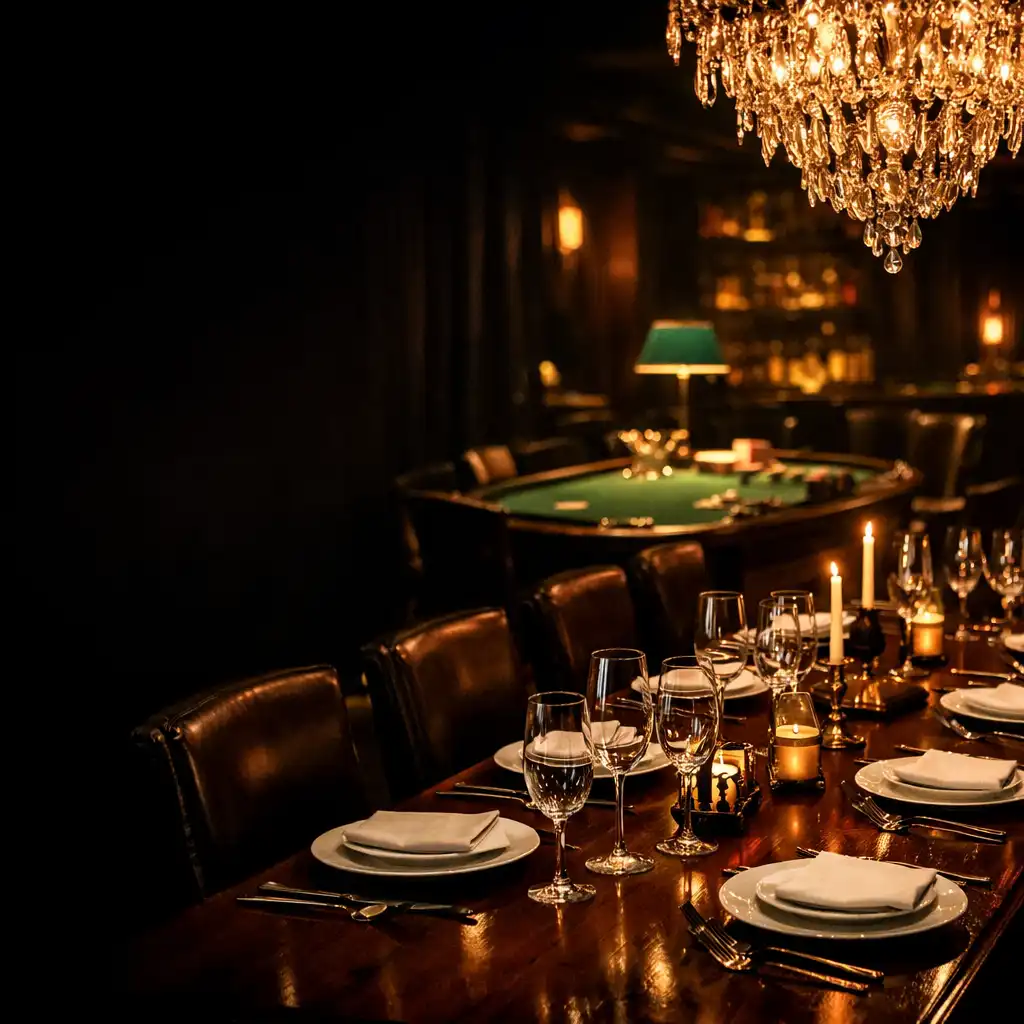 Luxurious dark restaurant interior with a long mahogany table set for fine dining and warm amber lighting