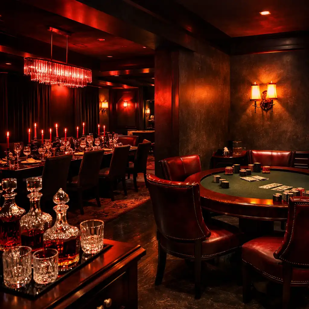 Salon Privé with long dining table, private bar, and mahogany poker table under crimson accent lighting