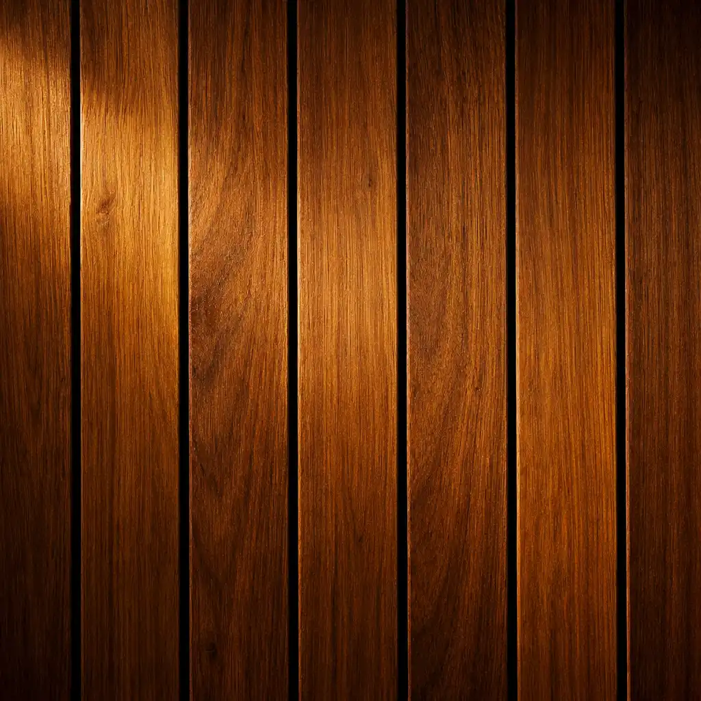 Close-up of bespoke Australian Blackbutt timber slats with a matte oil finish and shadow gaps, lit by warm amber light.