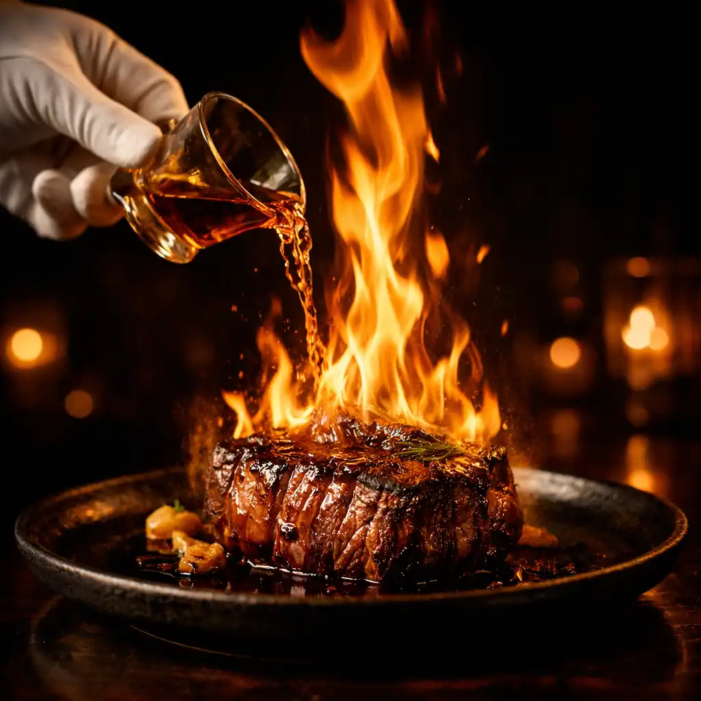 Flambé wagyu dish being served tableside with amber flames